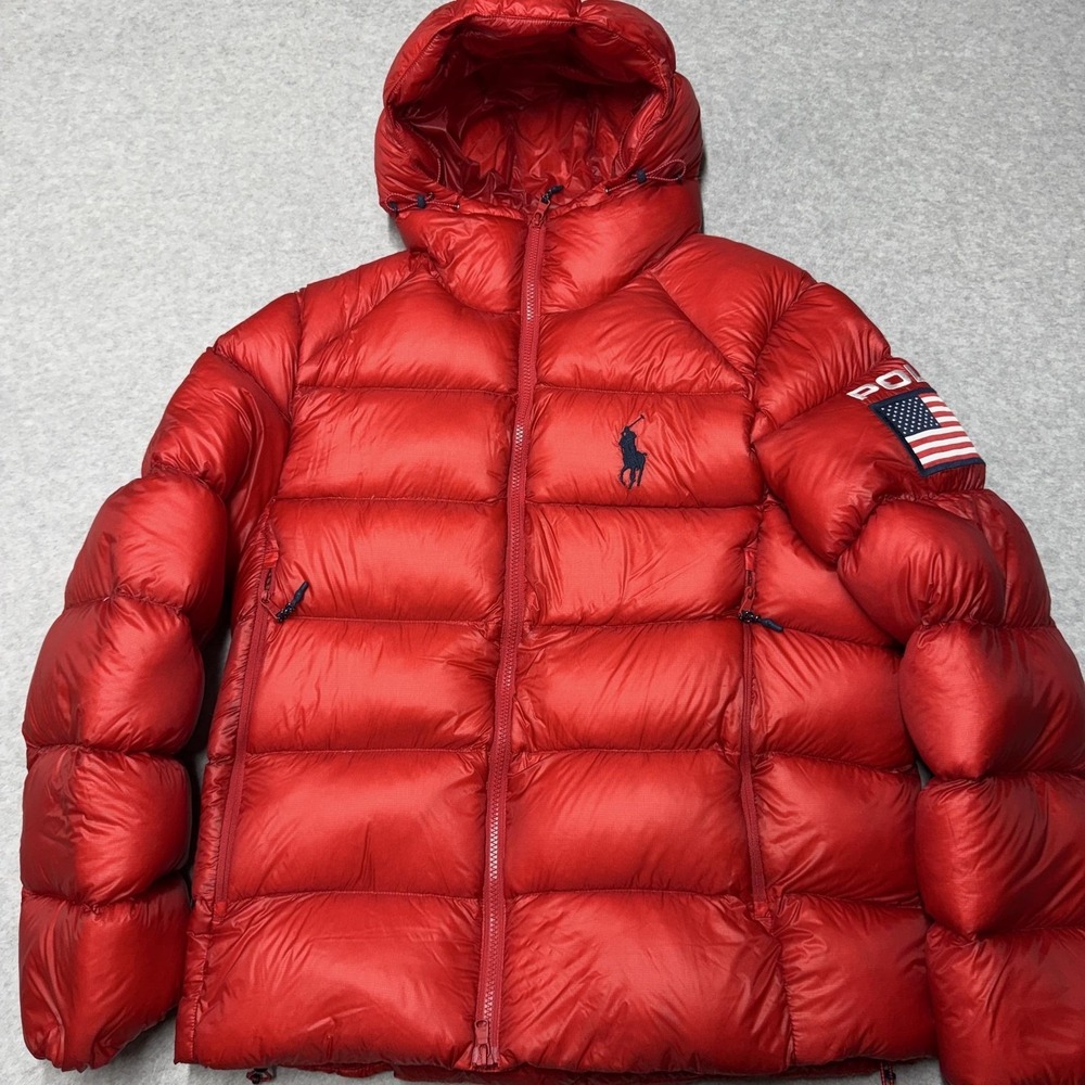 Polo Ralph Lauren Jacket Mens Small Red Hawthorne Flag Down Hooded Puffer USA